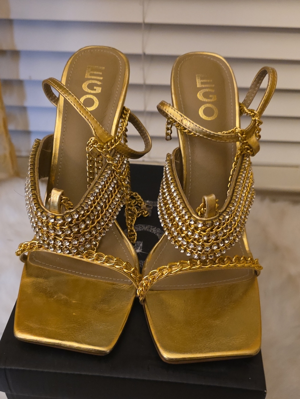 EGO Metallic Gold Chain-Strap Square Toe Heels